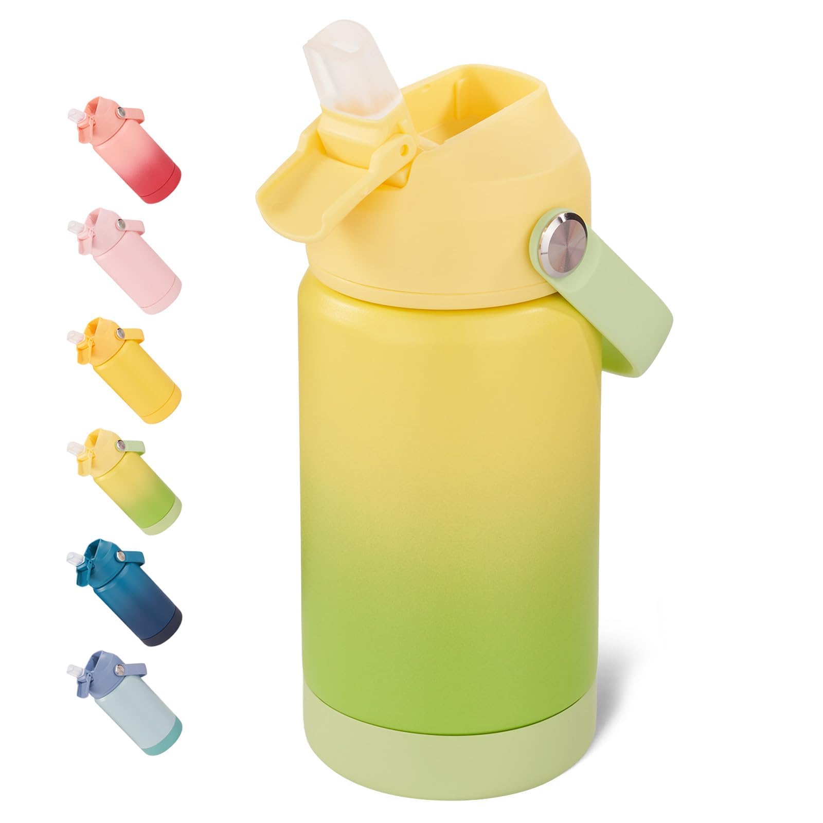 12 oz Water Bottle, Kids Water Bottles for School, Toddler Cup with Straw & Handle, 304 Stainless Steel Insulated Water Bottle, Non-slip Silicone Base, BPA Free, Yellow