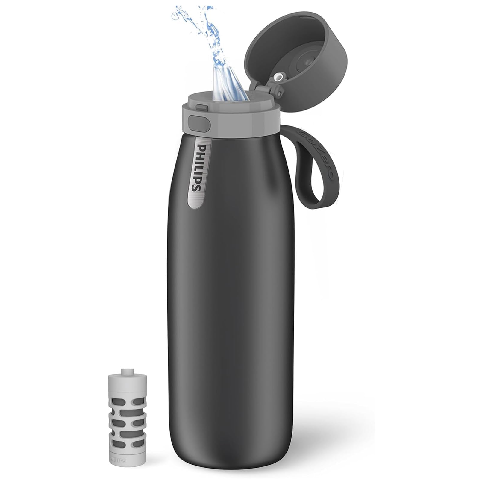 PHILIPS Water Bottle with Filter, Filter Water Bottle Stainless Steel with GoZero Everyday BPA-Free Tap Water Filter, Water Filter Bottle Keep Drink Cold 24 Hours, 1 Filter for 40 gal / 2 Months