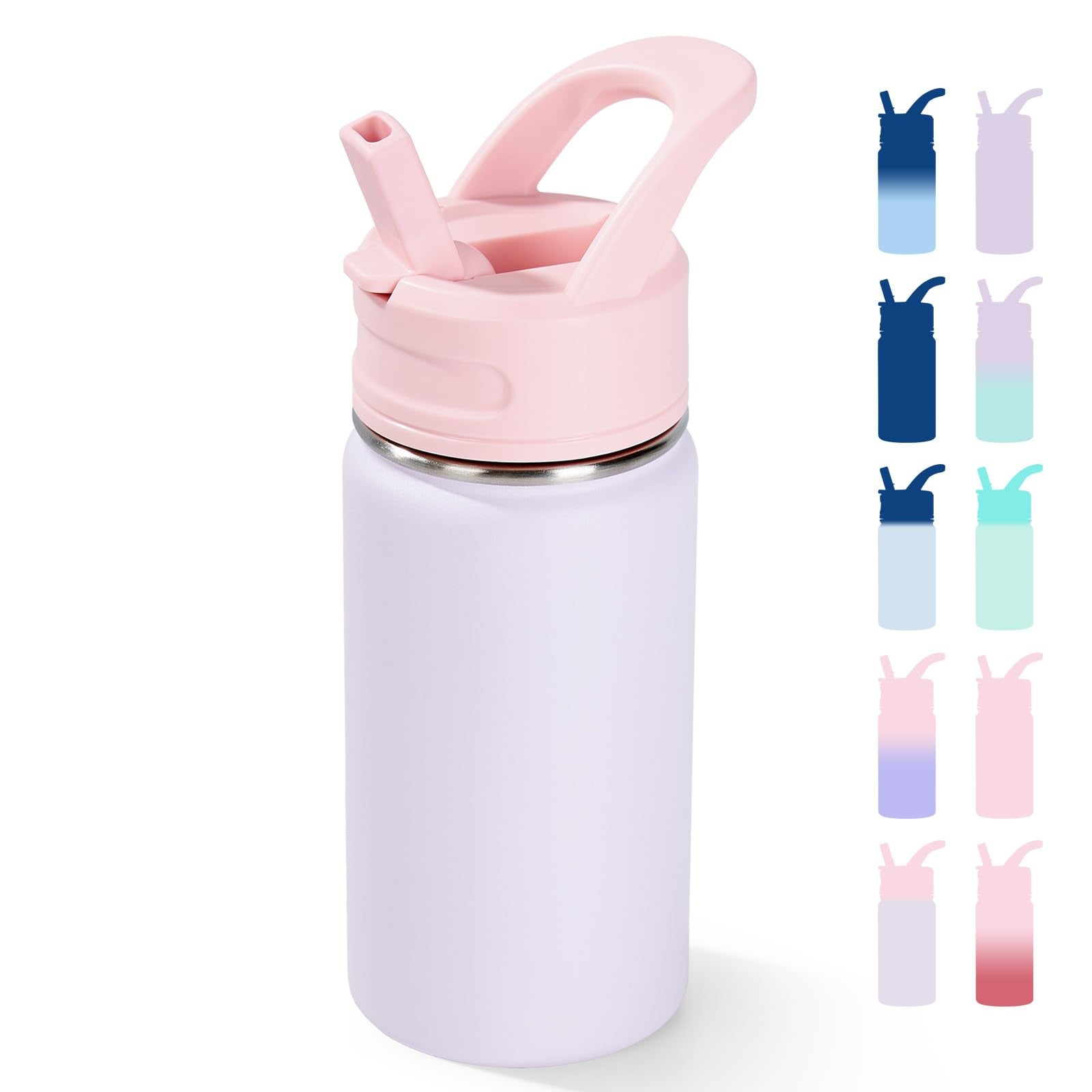 12oz Kids Water Bottle for School, Toddler Bottles with Straws, Stainless Steel Vacuum Insulated Water Bottle for Boys&Girls, Leak-Proof, BPA-Free, Purple
