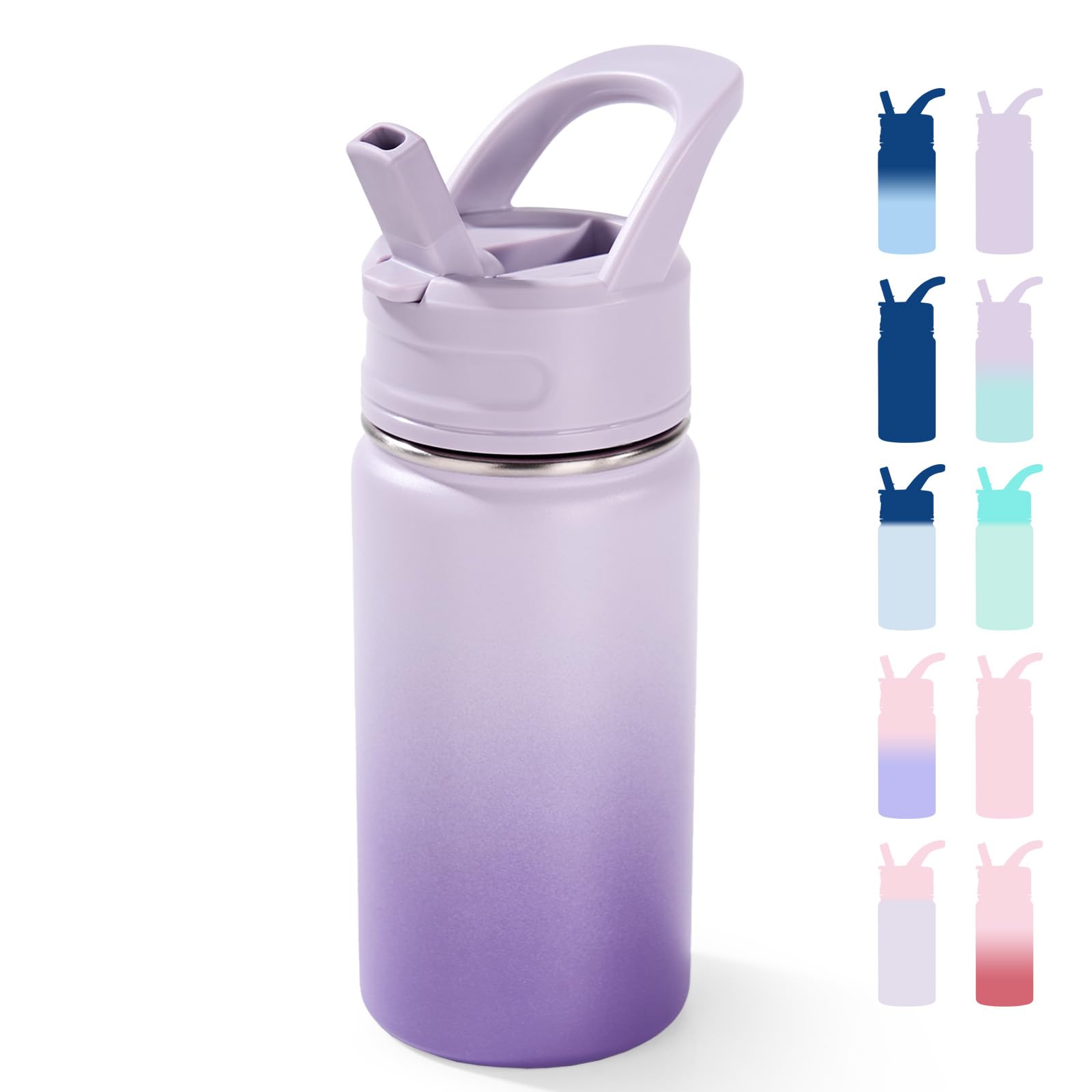 12oz Kids Water Bottle for School, Toddler Bottles with Straws, Stainless Steel Vacuum Insulated Water Bottle for Boys&Girls, Leak-Proof, BPA-Free, Purple