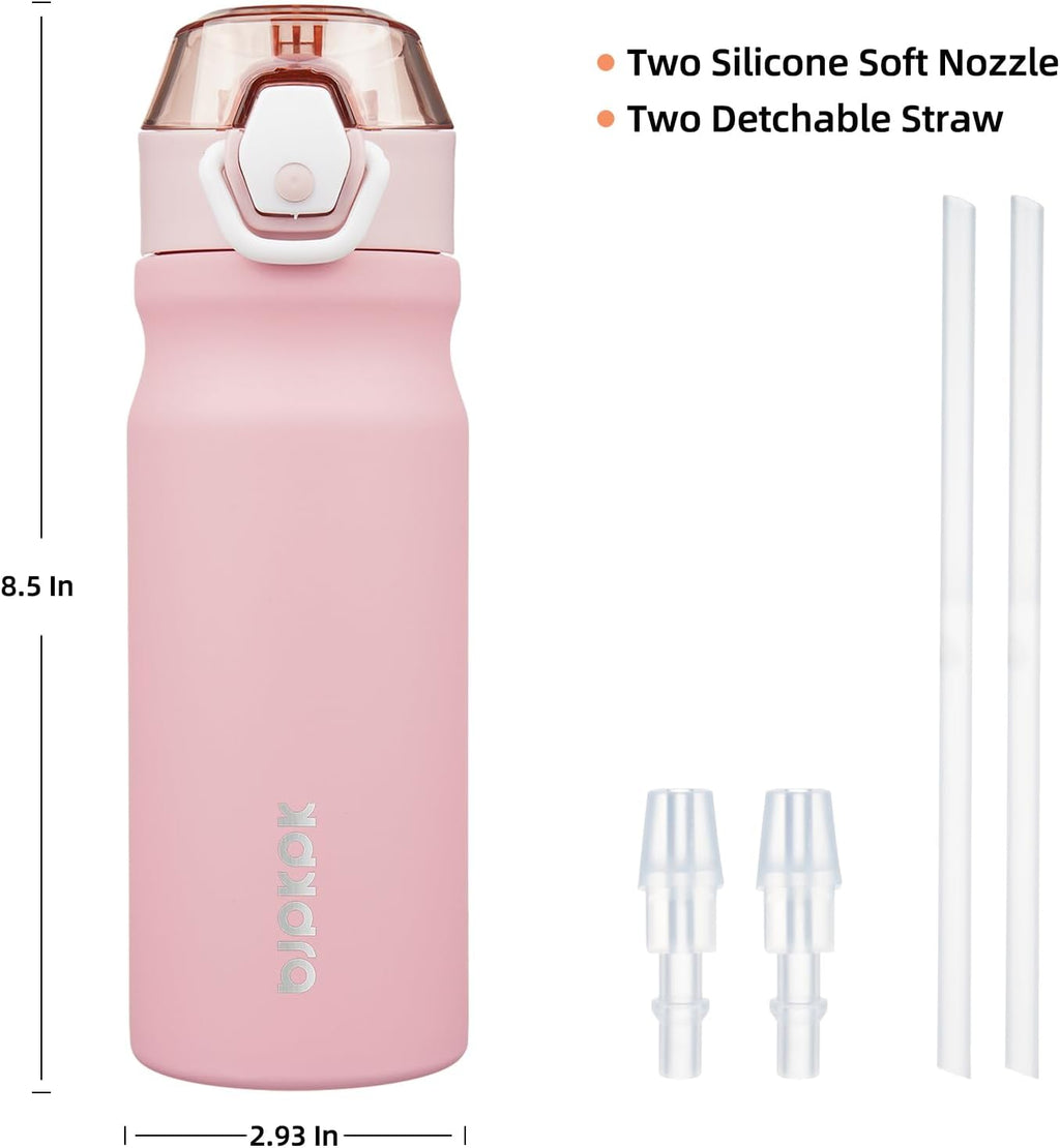 BJPKPK Water Bottle with Straw 18oz Insulated Water Bottles Reusable Stainless Steel Metal Thermal Flask with Leak Proof Lockable Lid and Carry Handle,Light Pink