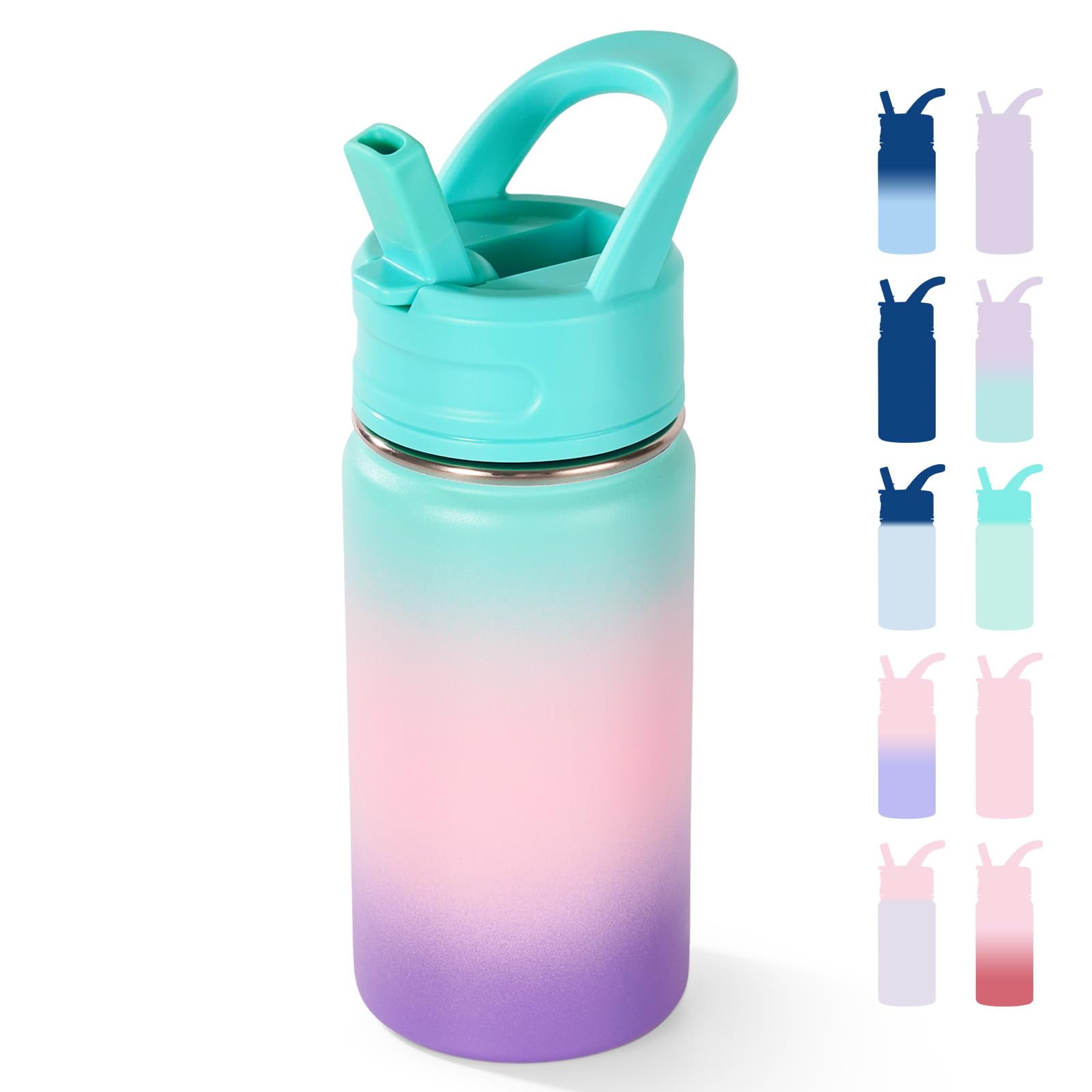 12oz Kids Water Bottle for School, Toddler Bottles with Straws, Stainless Steel Vacuum Insulated Water Bottle for Boys&Girls, Leak-Proof, BPA-Free, Purple