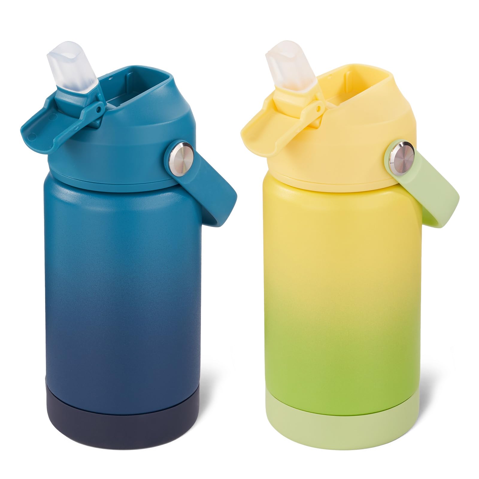 12 oz Water Bottle, Kids Water Bottles for School, Toddler Cup with Straw & Handle, 304 Stainless Steel Insulated Water Bottle, Non-slip Silicone Base, BPA Free, Yellow