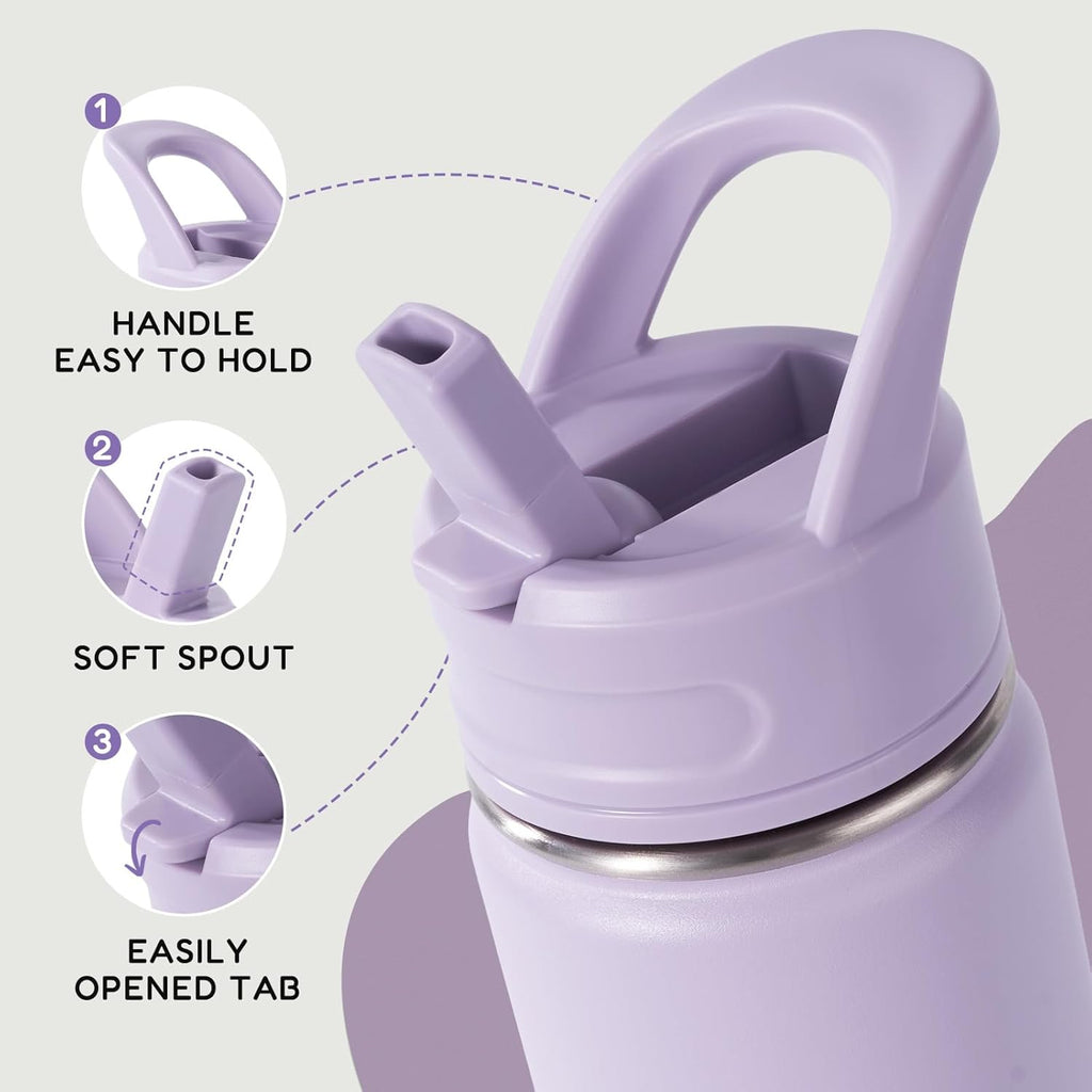 12oz Kids Water Bottle for School, Toddler Bottles with Straws, Stainless Steel Vacuum Insulated Water Bottle for Boys&Girls, Leak-Proof, BPA-Free, Purple