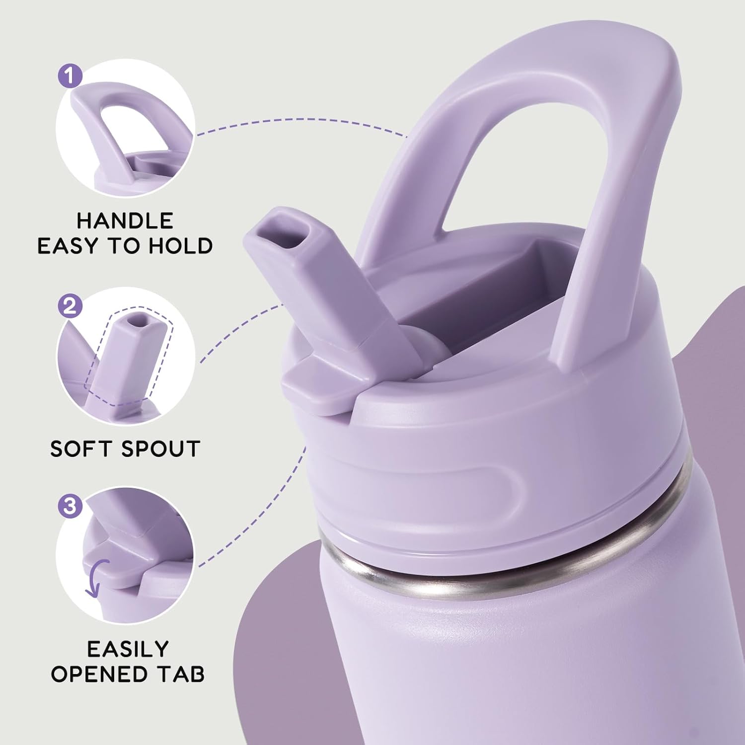 12oz Kids Water Bottle for School, Toddler Bottles with Straws, Stainless Steel Vacuum Insulated Water Bottle for Boys&Girls, Leak-Proof, BPA-Free, Purple