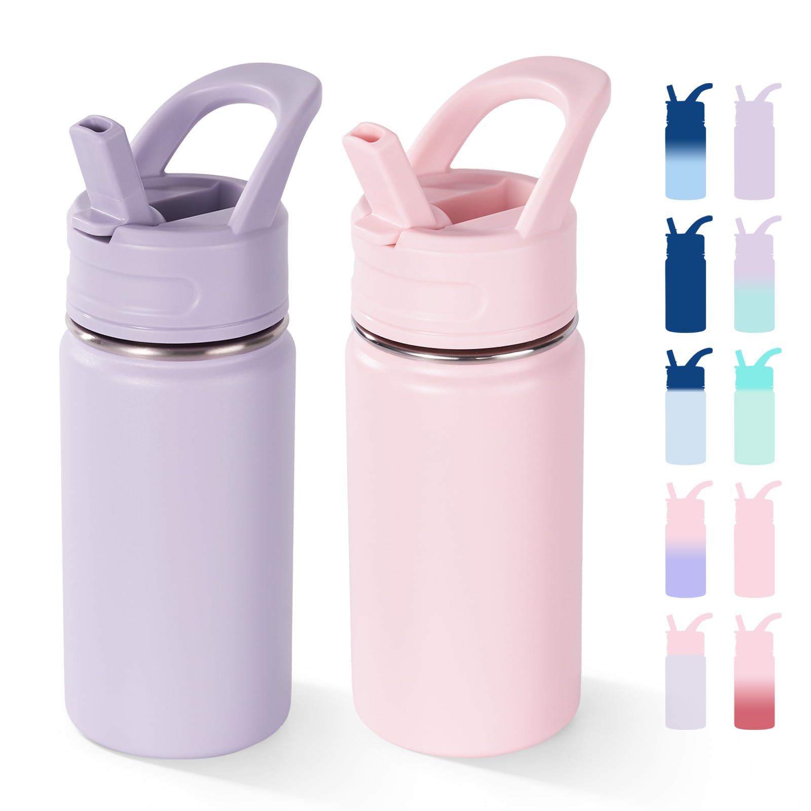 12oz Kids Water Bottle for School, Toddler Bottles with Straws, Stainless Steel Vacuum Insulated Water Bottle for Boys&Girls, Leak-Proof, BPA-Free, Purple