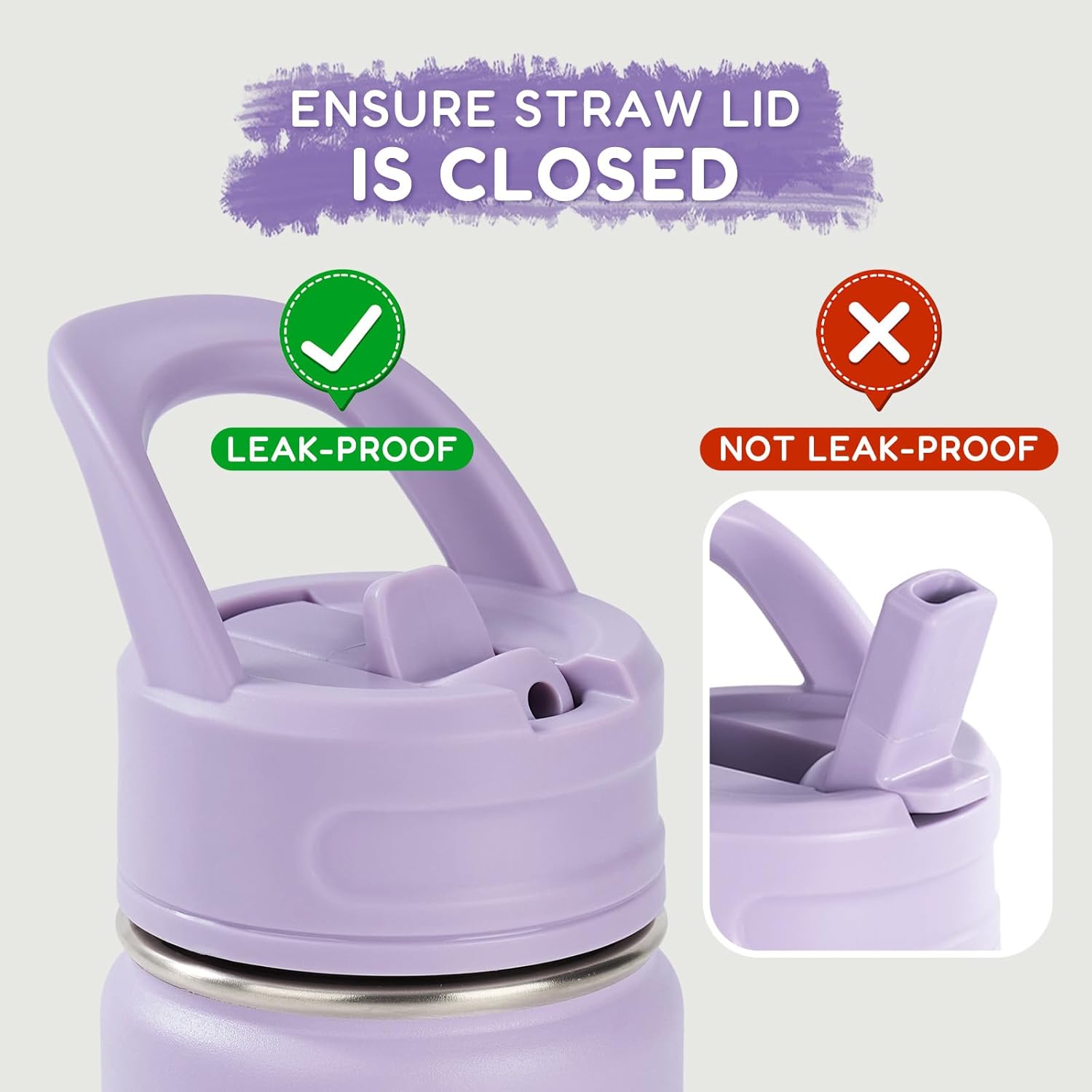 12oz Kids Water Bottle for School, Toddler Bottles with Straws, Stainless Steel Vacuum Insulated Water Bottle for Boys&Girls, Leak-Proof, BPA-Free, Purple