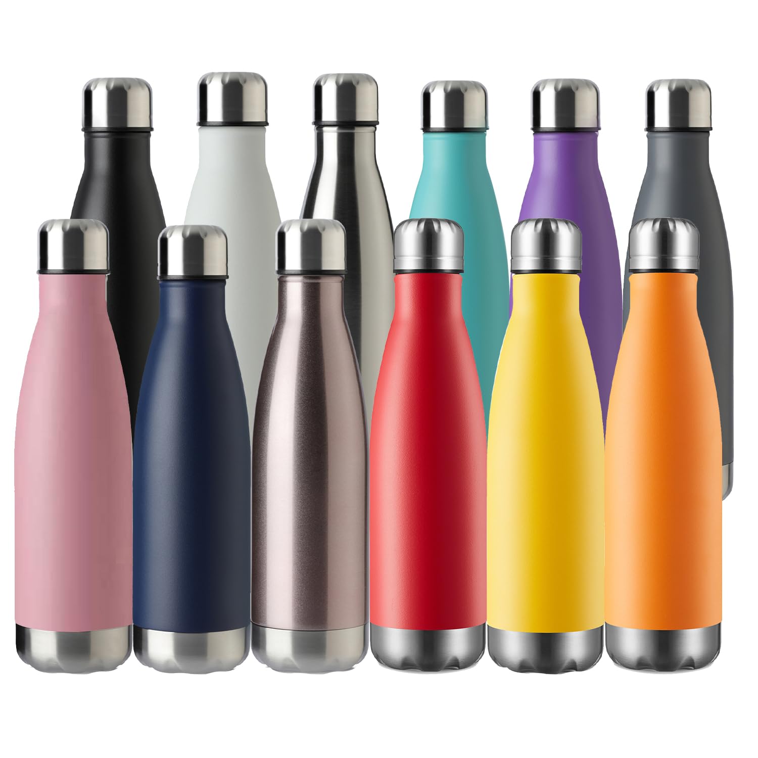 MEWAY 17oz Sport Water Bottle 12 Pack Vacuum Insulated Stainless Steel Leak-Proof Double Wall Cola Shape Water Bottle,Keep Drinks Hot & Cold (Silver,12 Pack)