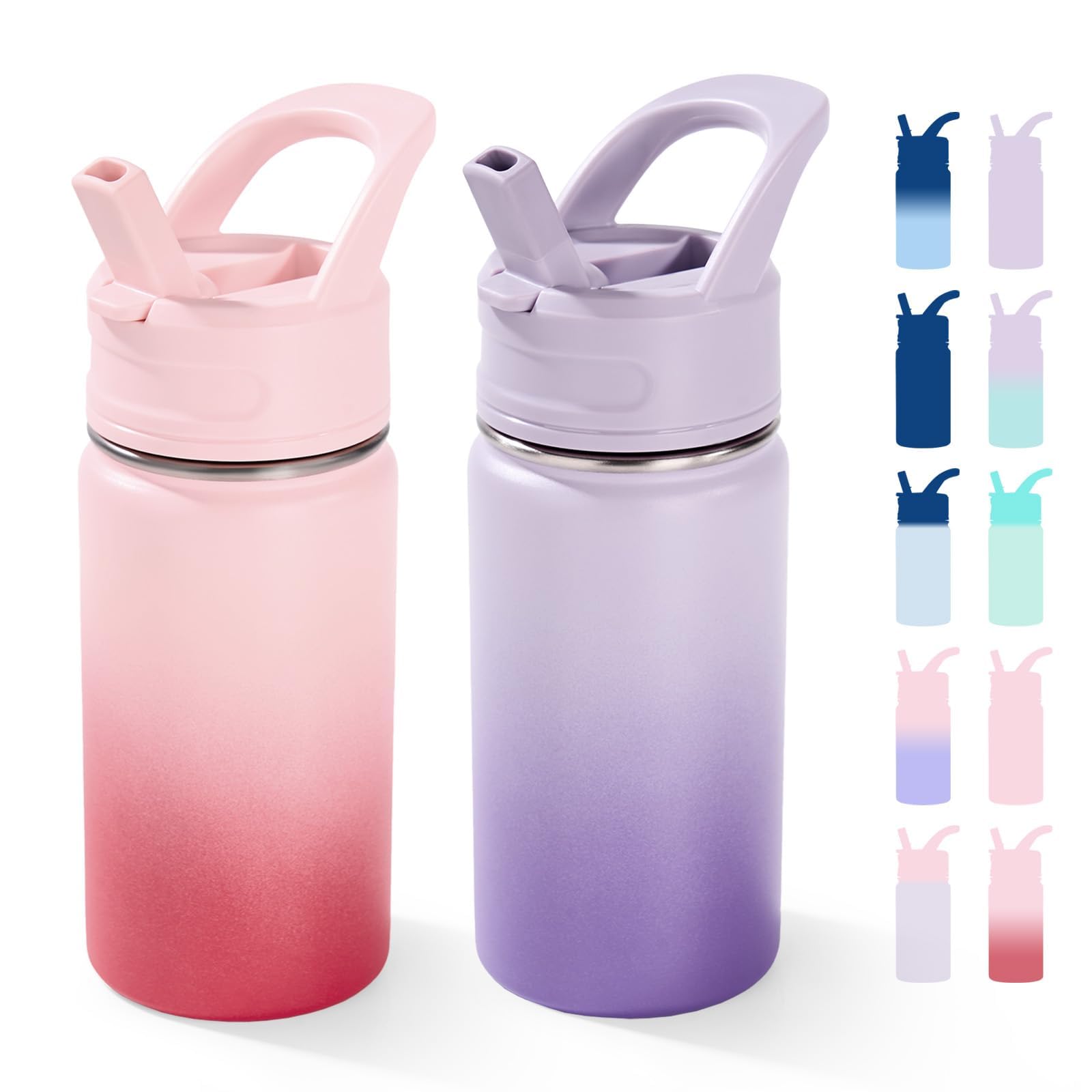 12oz Kids Water Bottle for School, Toddler Bottles with Straws, Stainless Steel Vacuum Insulated Water Bottle for Boys&Girls, Leak-Proof, BPA-Free, Purple