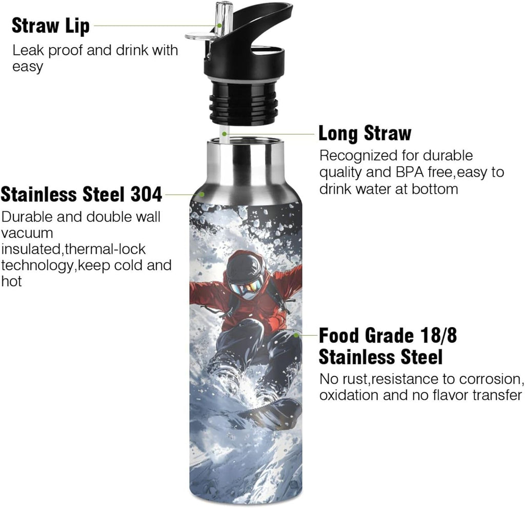 Ski Water Bottle Kids Insulated Sports Vacuum Stainless Steel Mug with Straw Lid & Handle 20 oz