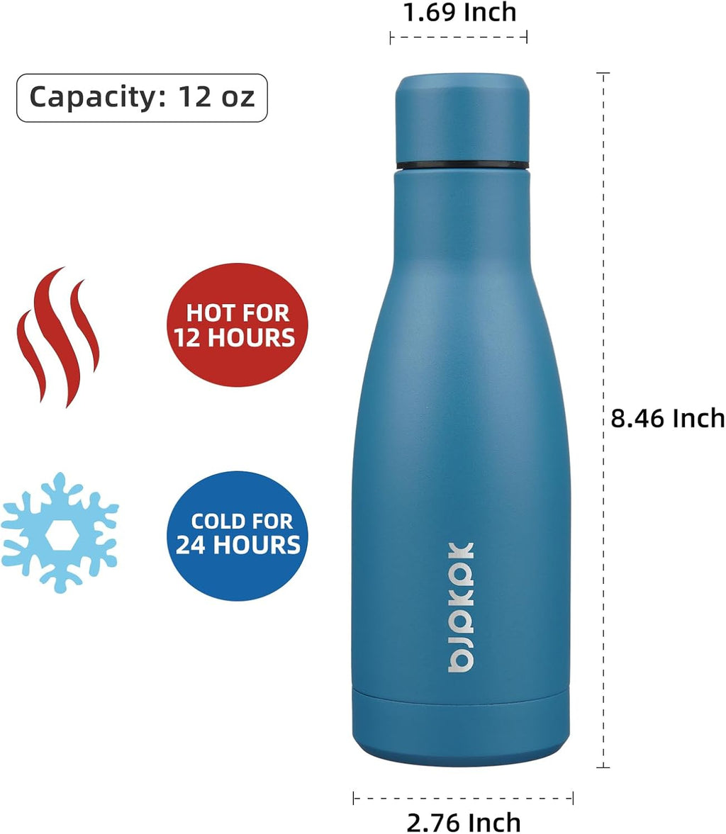 BJPKPK 12oz Water Bottles Stainless Steel Double Wall Vacuum Insulated Small Water Bottles for Travel,Sea Blue