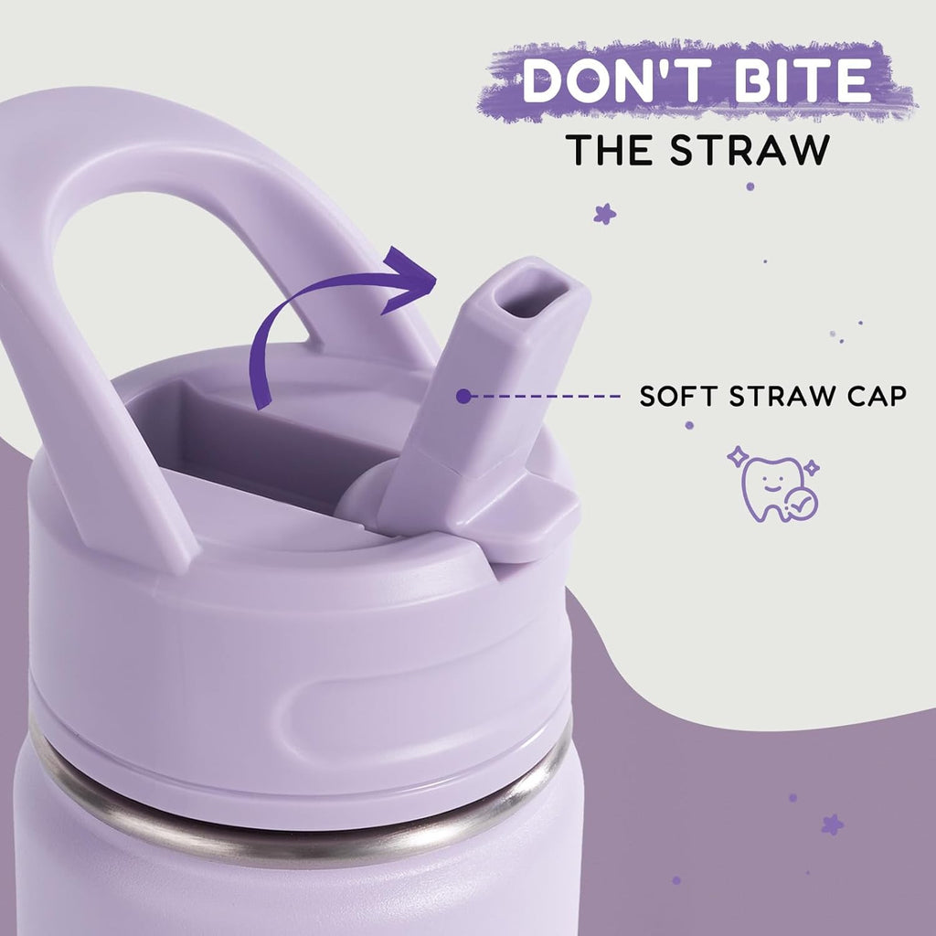12oz Kids Water Bottle for School, Toddler Bottles with Straws, Stainless Steel Vacuum Insulated Water Bottle for Boys&Girls, Leak-Proof, BPA-Free, Purple