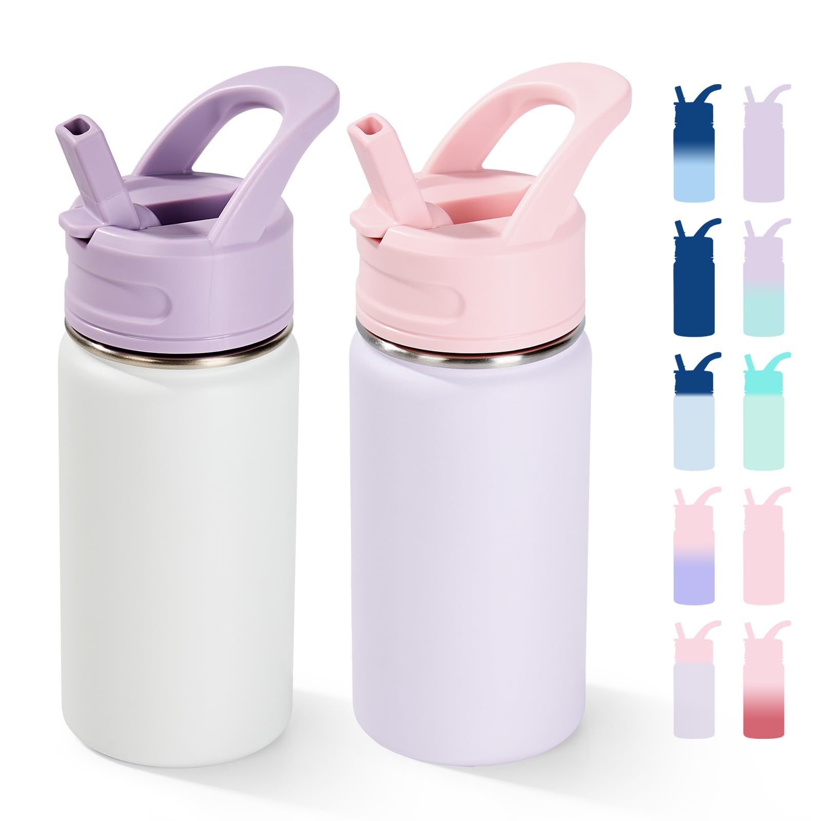 12oz Kids Water Bottle for School, Toddler Bottles with Straws, Stainless Steel Vacuum Insulated Water Bottle for Boys&Girls, Leak-Proof, BPA-Free, Purple