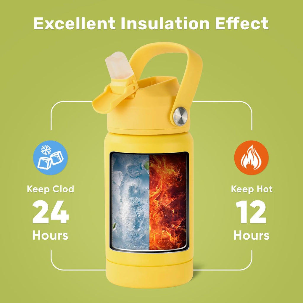 12 oz Water Bottle, Kids Water Bottles for School, Toddler Cup with Straw & Handle, 304 Stainless Steel Insulated Water Bottle, Non-slip Silicone Base, BPA Free, Yellow