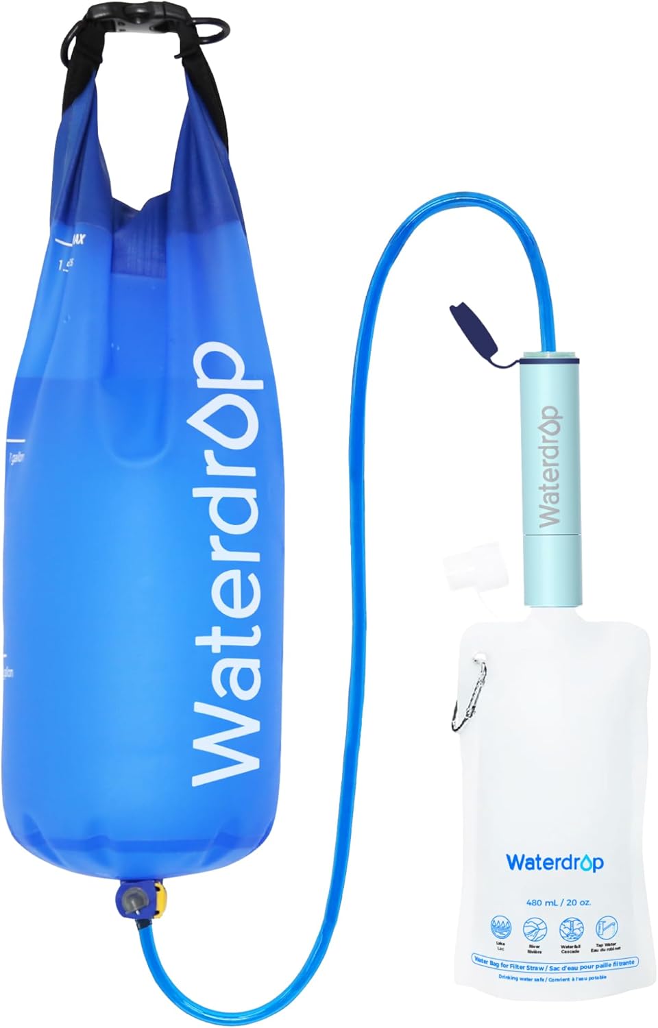 Waterdrop Gravity Water Filter Straw, Camping Water Filtration System, Water Purifier Survival for Travel, Backpacking and Emergency Preparedness, 1.5 gal Bag, 0.1 Micron, Light Blue
