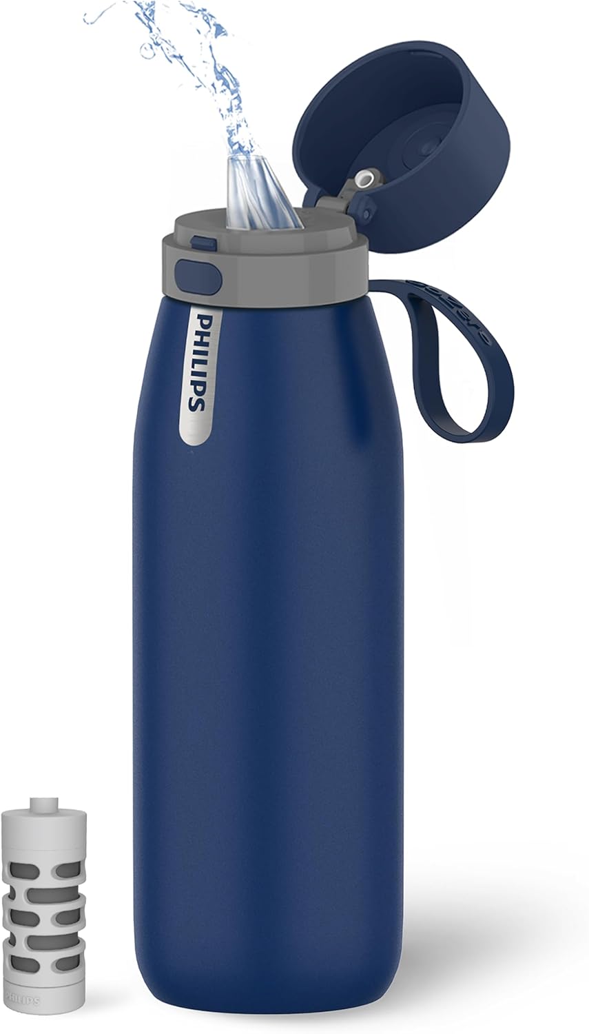 PHILIPS Water Bottle with Filter, Filter Water Bottle Stainless Steel with GoZero Everyday BPA-Free Tap Water Filter, Water Filter Bottle Keep Drink Cold 24 Hours, 1 Filter for 40 gal / 2 Months