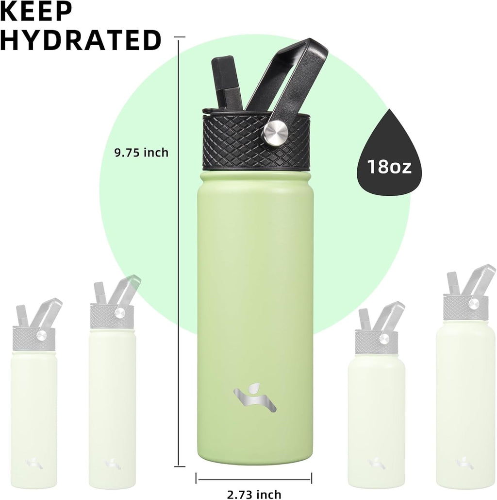 18 oz Insulated Water Bottle Stainless Steel Sport Bottles with 3 Lids,Macaron Green