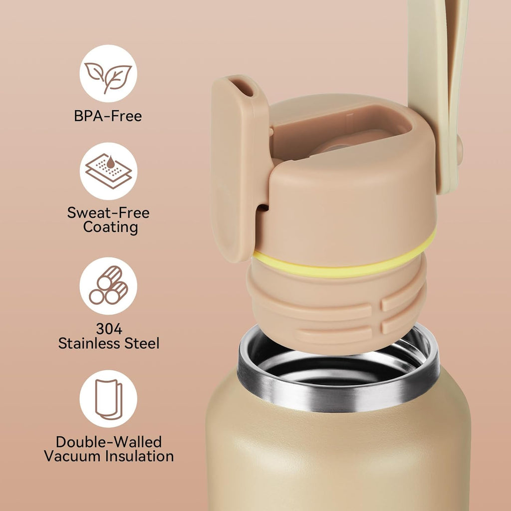 12oz Kids Water Bottle for School Boys&Girls, Toddler Cup, 304 Stainless Steel Sport Insulated Water Bottle with Straws, BPA-Free, Gradient Brown