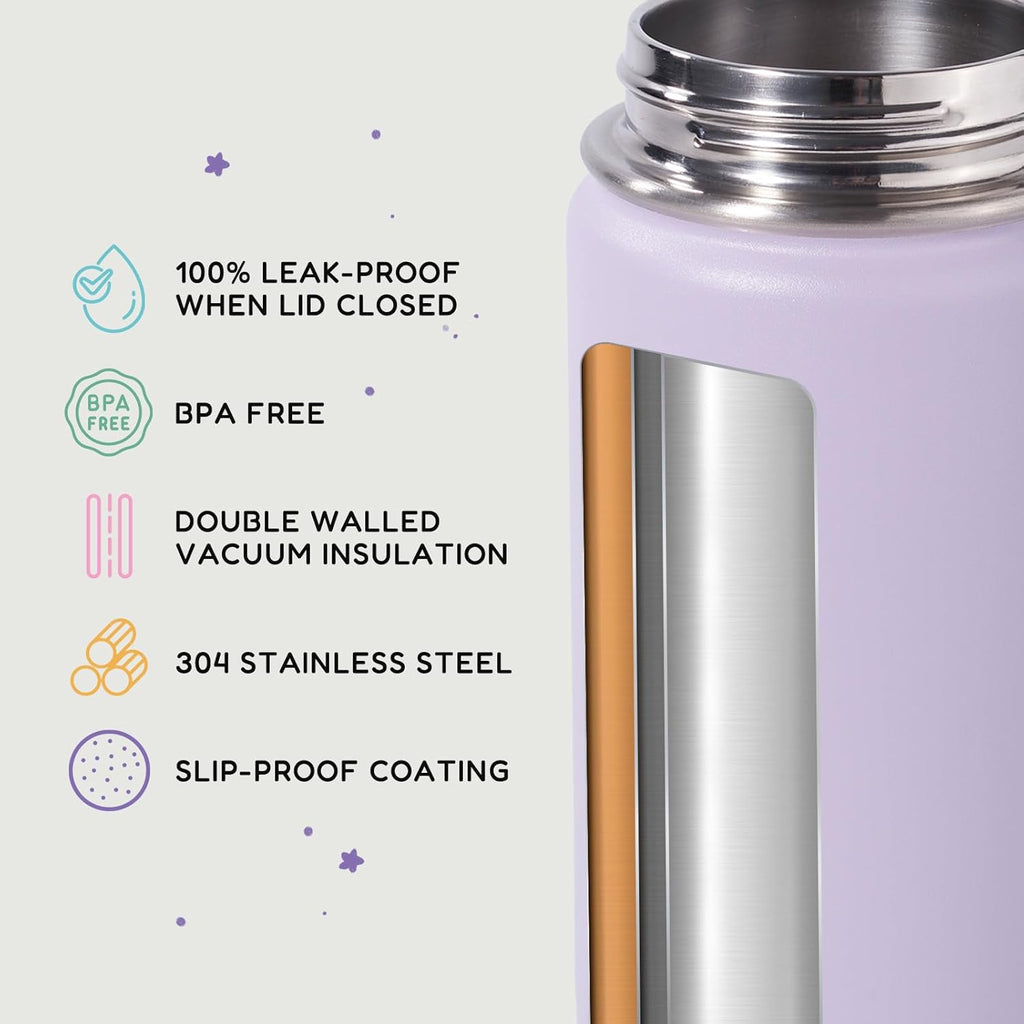 12oz Kids Water Bottle for School, Toddler Bottles with Straws, Stainless Steel Vacuum Insulated Water Bottle for Boys&Girls, Leak-Proof, BPA-Free, Purple