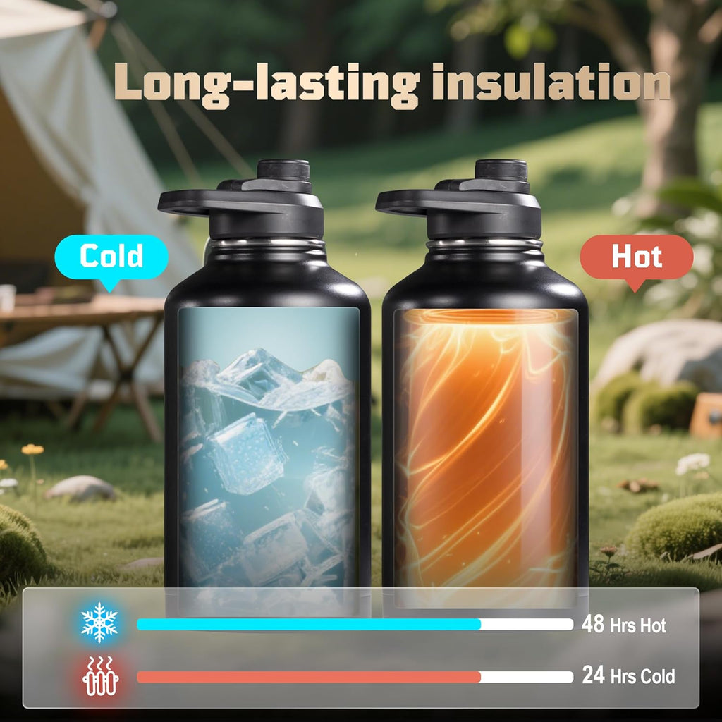 ONETIGRIS Tactical Half Gallon Water Bottle with Straw - 64 oz Vacuum Insulated Stainless Steel Water Jug, Leakproof Sport Bottle with 3 BPA Free Lids, Paracord Handle & MOLLE Water Pouch for Outdoor