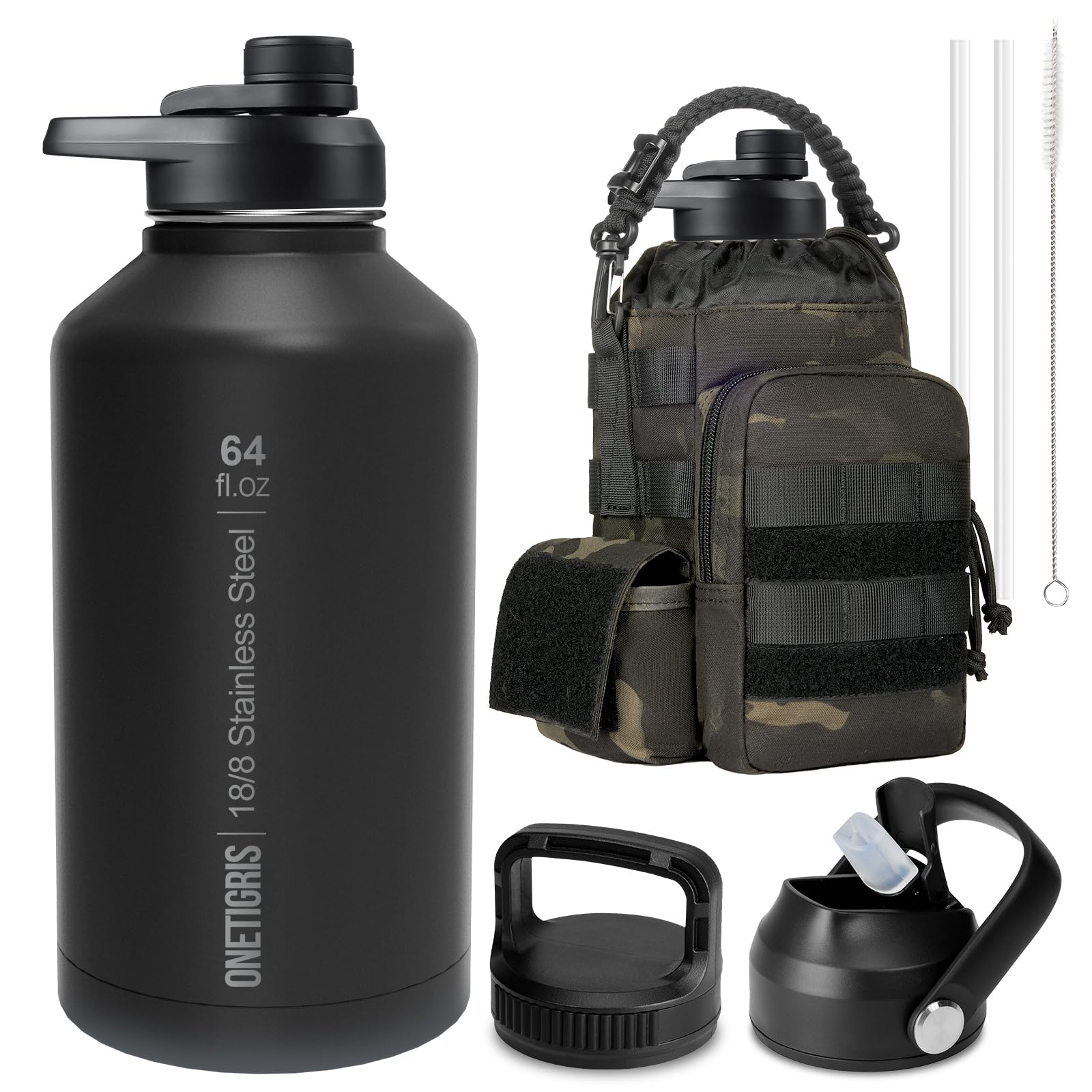 ONETIGRIS Tactical Half Gallon Water Bottle with Straw - 64 oz Vacuum Insulated Stainless Steel Water Jug, Leakproof Sport Bottle with 3 BPA Free Lids, Paracord Handle & MOLLE Water Pouch for Outdoor