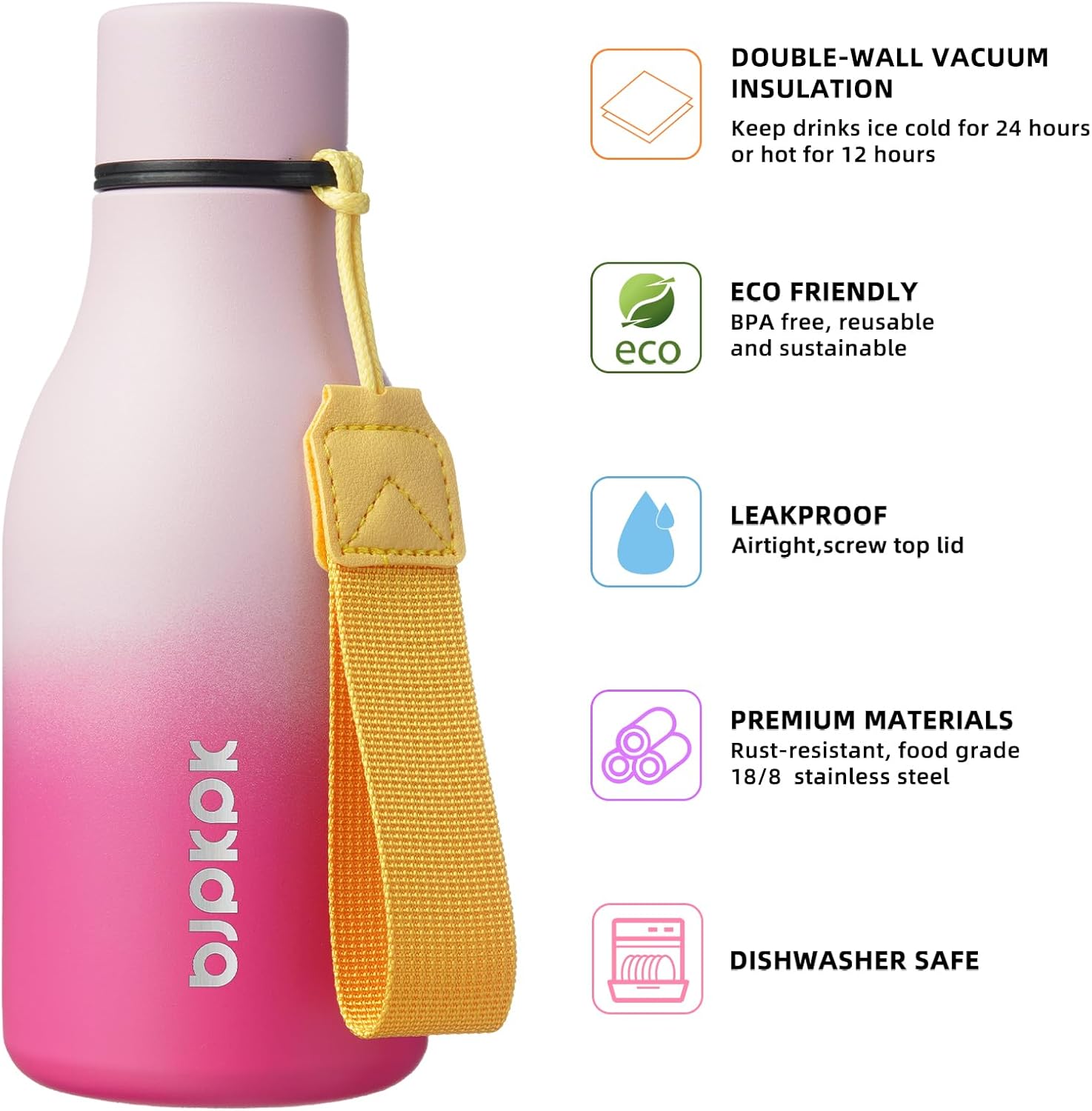BJPKPK Insulated Water Bottles, 12oz Stainless Steel Metal Water Bottle with Strap, BPA Free Leak Proof Jugs, Mugs, Flasks, Reusable Thermal Flasks for Sports & Travel, Sakura