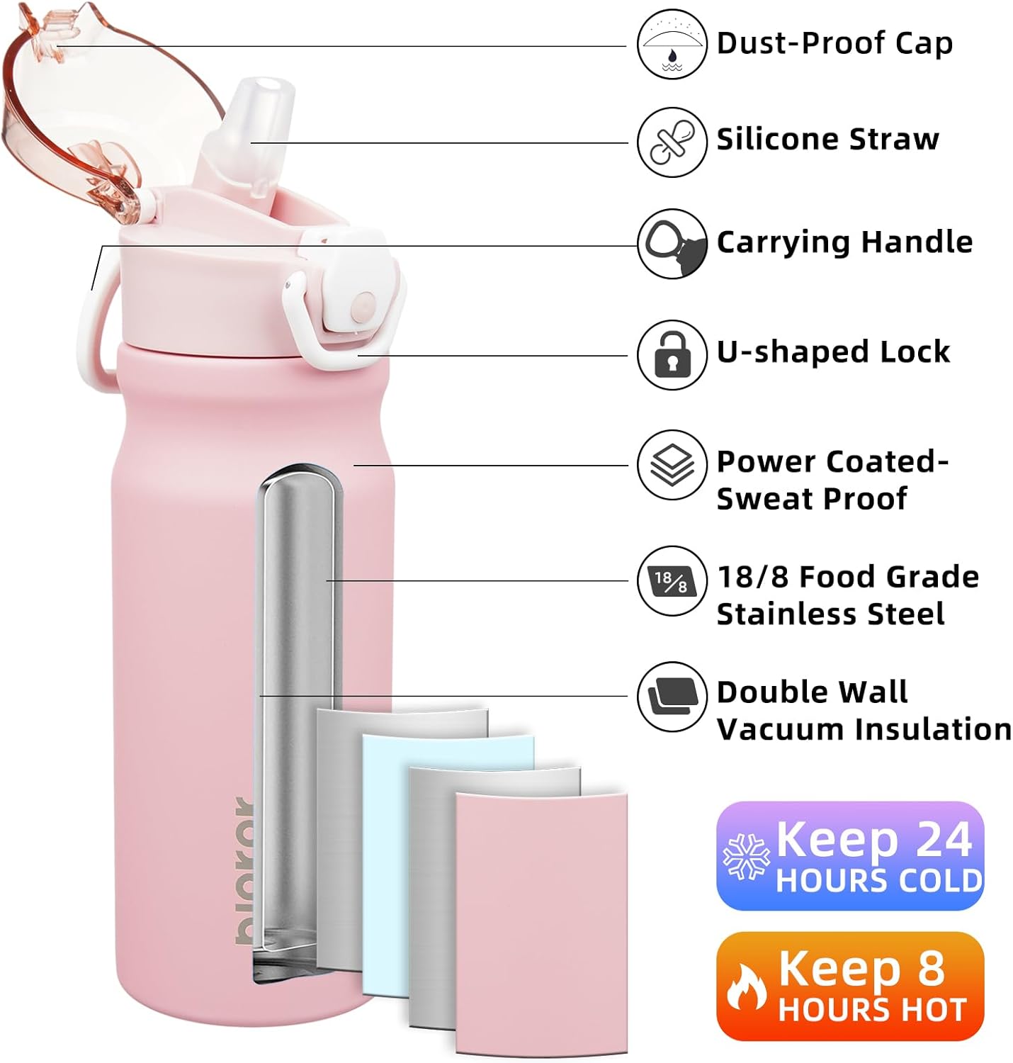 BJPKPK Water Bottle with Straw 18oz Insulated Water Bottles Reusable Stainless Steel Metal Thermal Flask with Leak Proof Lockable Lid and Carry Handle,Light Pink