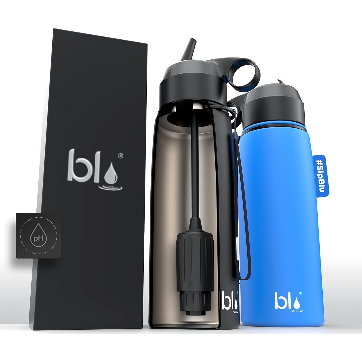 BLU ALL-IN-ONE | Vacuum Insulated Stainless Steel Water Bottle Flask With a pH Filter (26oz) | Made in the USA | Alkaline Water Filter Bottle | Removes 99.99% contaminants (pH - Blue)