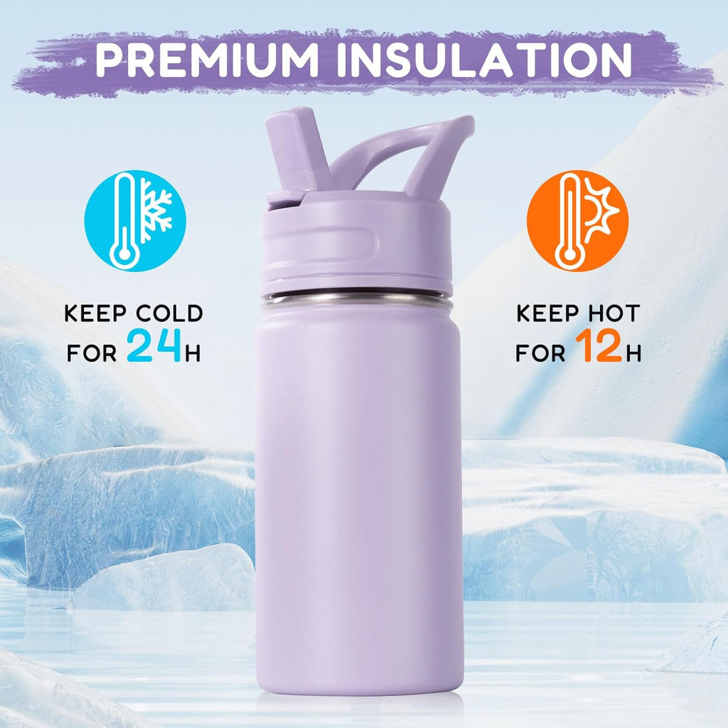 12oz Kids Water Bottle for School, Toddler Bottles with Straws, Stainless Steel Vacuum Insulated Water Bottle for Boys&Girls, Leak-Proof, BPA-Free, Purple