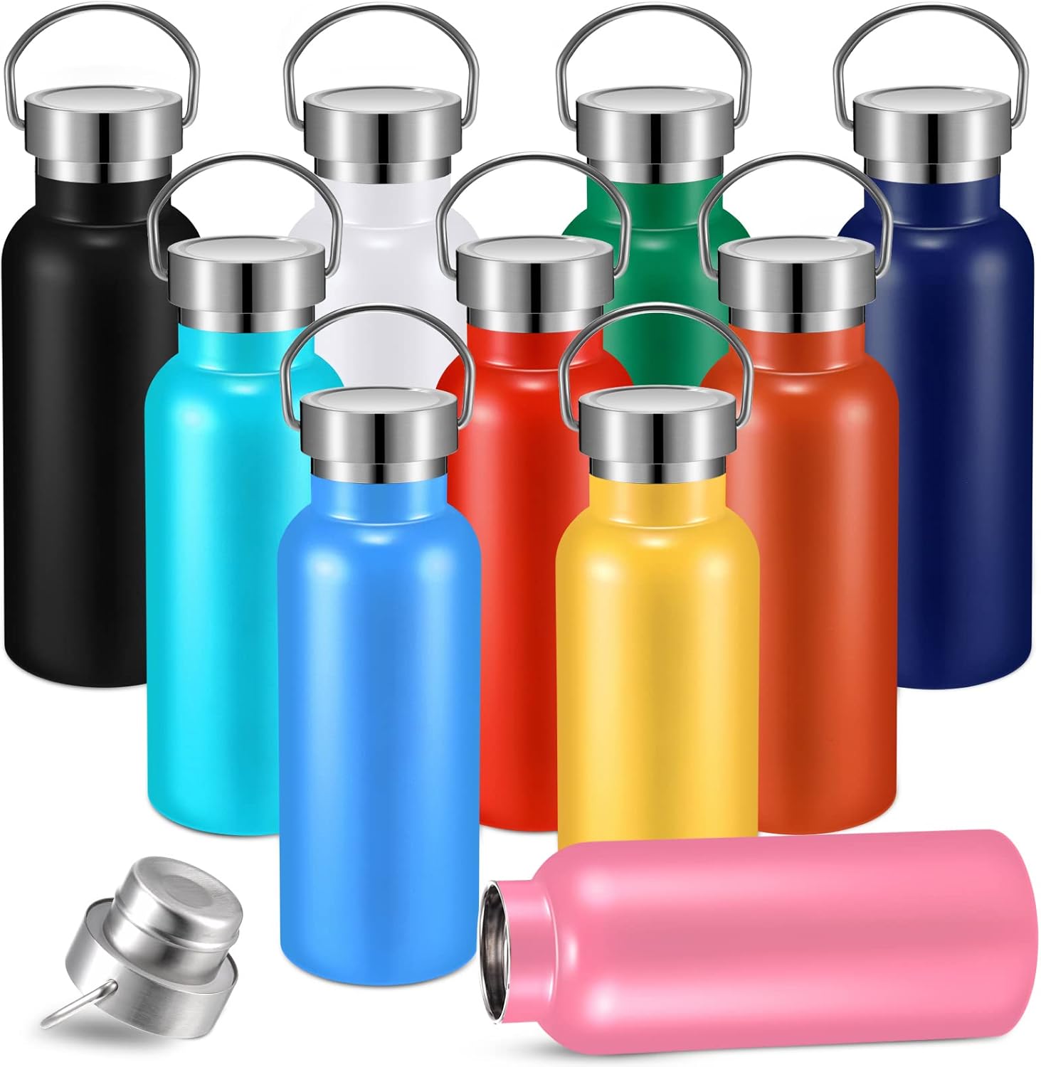 Mimorou 10 Pcs 17 oz Stainless Steel Sports Water Bottle Insulated Reusable Water Bottles with Handle Metal Bottle for Hikers Gift, 10 Colors
