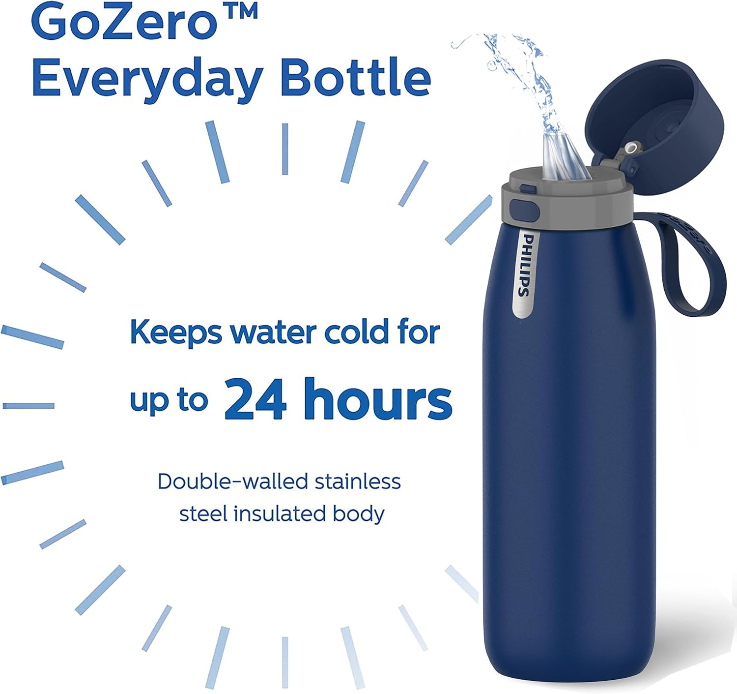 PHILIPS Water Bottle with Filter, Filter Water Bottle Stainless Steel with GoZero Everyday BPA-Free Tap Water Filter, Water Filter Bottle Keep Drink Cold 24 Hours, 1 Filter for 40 gal / 2 Months