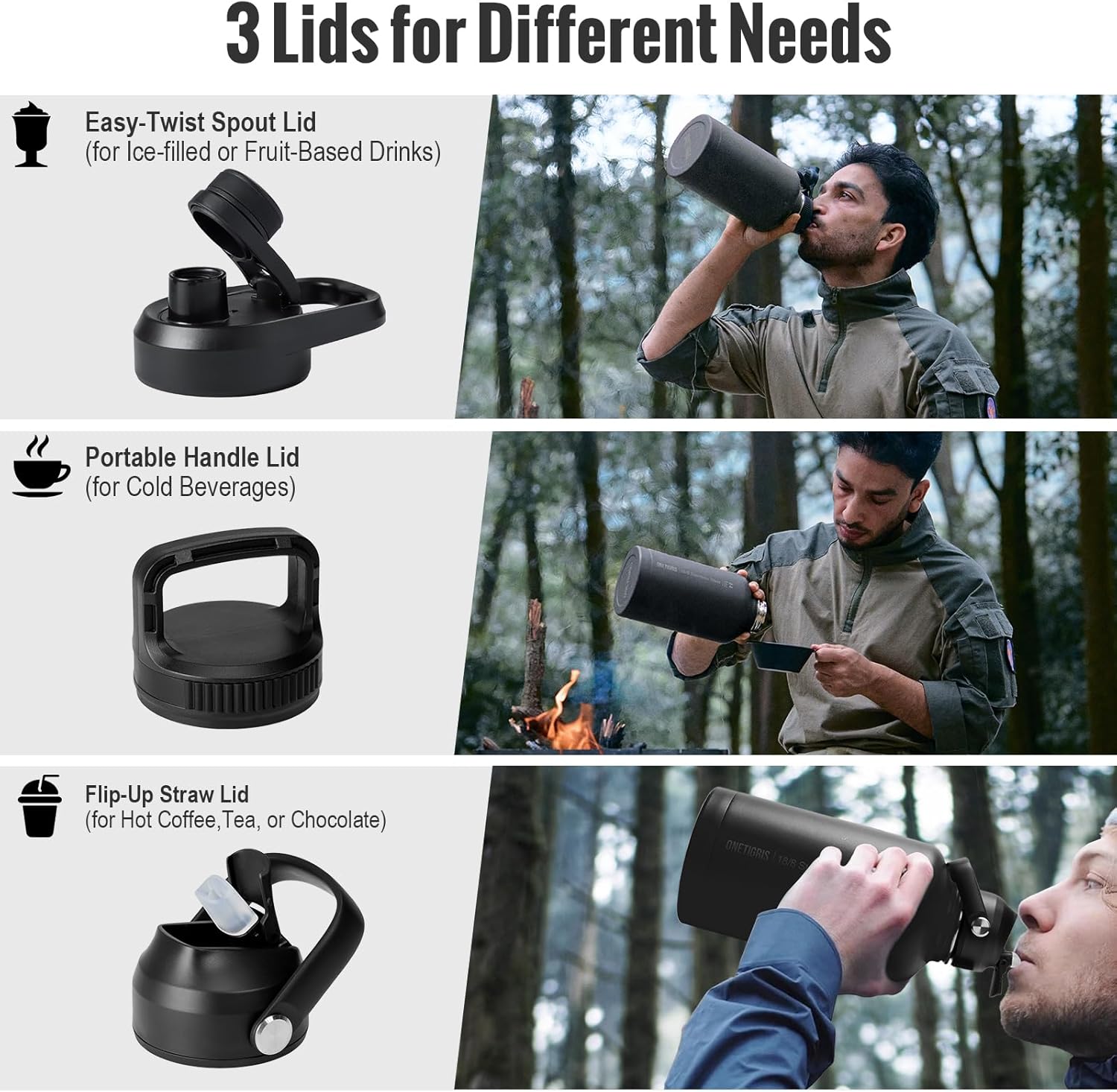 ONETIGRIS Tactical Half Gallon Water Bottle with Straw - 64 oz Vacuum Insulated Stainless Steel Water Jug, Leakproof Sport Bottle with 3 BPA Free Lids, Paracord Handle & MOLLE Water Pouch for Outdoor