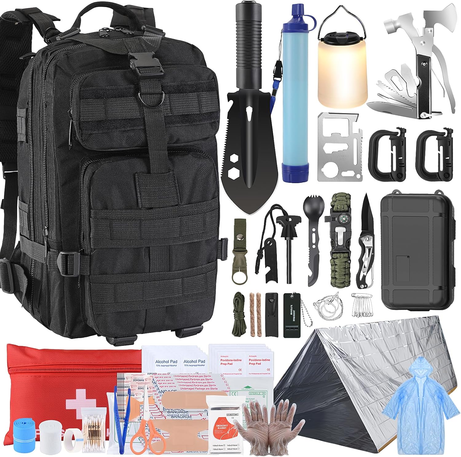 Gifts for Men Christmas Survival Kit, Survival Gear and Equipment 258 PCS with Water Filter, Emergency Tent, LED Lantern, First Aid Kit Supplies, 25L Backpack for Family, Outdoor Camping, Hiking