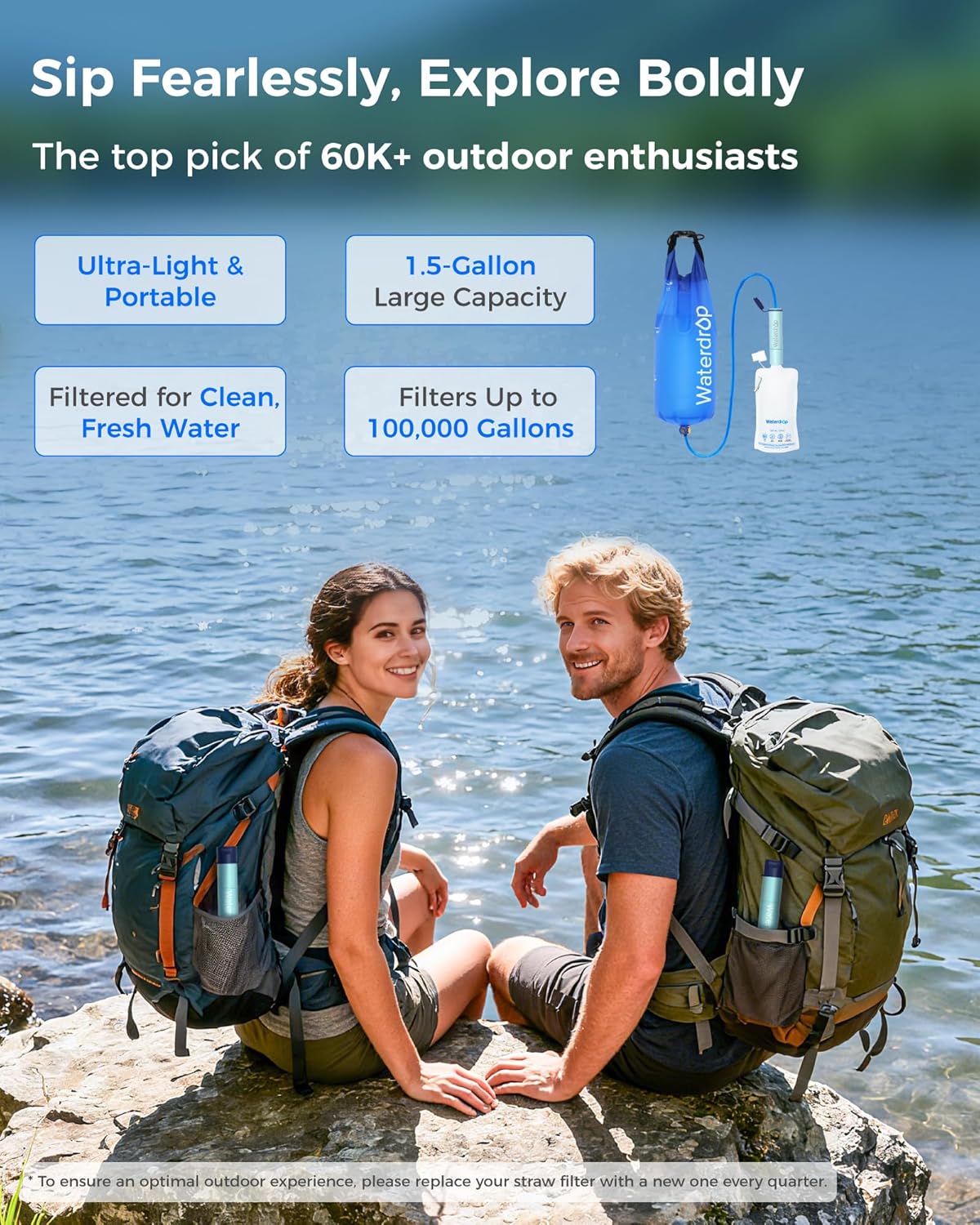 Waterdrop Gravity Water Filter Straw, Camping Water Filtration System, Water Purifier Survival for Travel, Backpacking and Emergency Preparedness, 1.5 gal Bag, 0.1 Micron, Light Blue