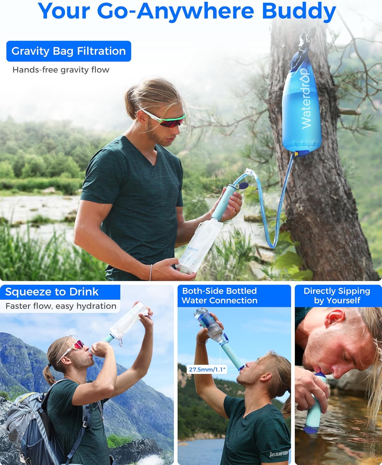 Waterdrop Gravity Water Filter Straw, Camping Water Filtration System, Water Purifier Survival for Travel, Backpacking and Emergency Preparedness, 1.5 gal Bag, 0.1 Micron, Light Blue